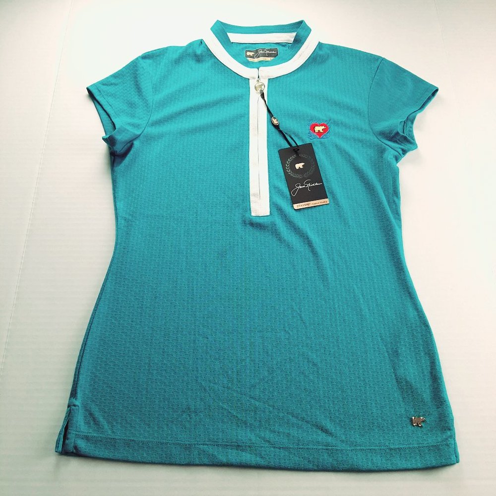 Jack Nicklaus Womens Collarless Polo Shirt Size Small Blue White Quarter Zip